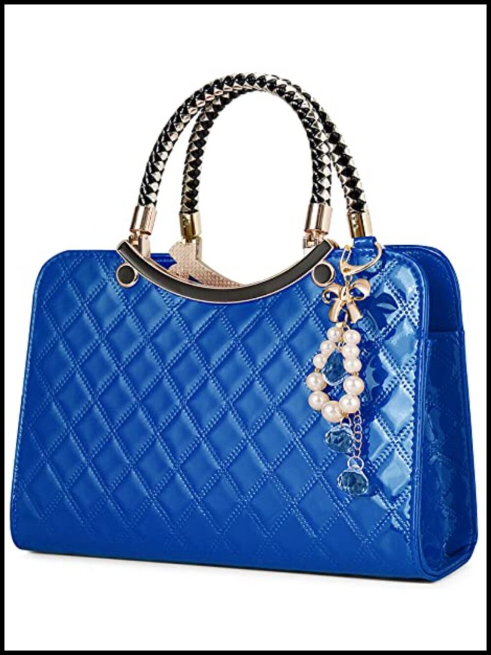 Faux Leather Shiny Satchel Handbag with Detachable Strap Pearl Charm